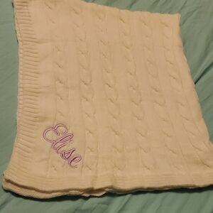 Personalized White Cable Knit Baby Blanket with Purple Name Elise Embroidery